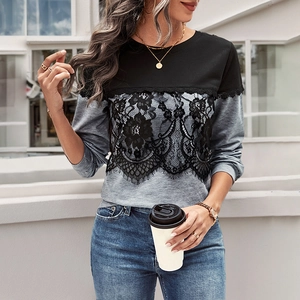 Women's two-tone grey and black long sleeve sweatshirt with floral lace detail