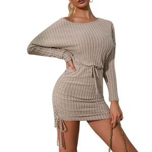 Beige ribbed long sleeve mini dress with adjustable drawstring waist and side ruching details