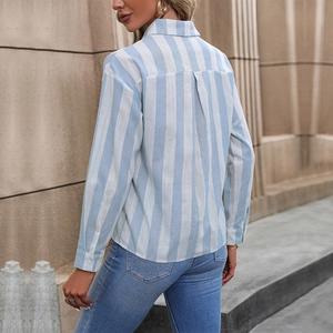 Women's blue and white vertical striped long sleeve shirt with back pleat detail