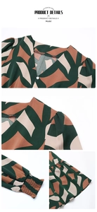 Detail view of V-neckline and geometric print pattern on a long-sleeved dress