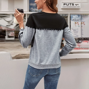 Women's color-block long sleeve sweatshirt with elegant black lace trim and casual style