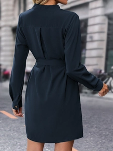 Vue de dos d'une robe chemise bleu marine à manches longues avec ceinture à la taille