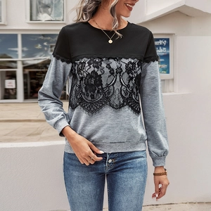 Women's crewneck long sleeve sweatshirt with black floral lace and grey color block panels
