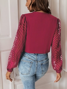 Detail view of burgundy top featuring sheer lace sleeves with sequined chevron patterns