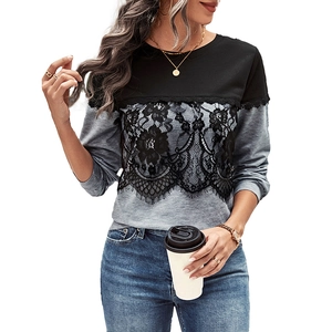 Women's autumn long sleeve color block sweatshirt with lace floral patch and crew neck