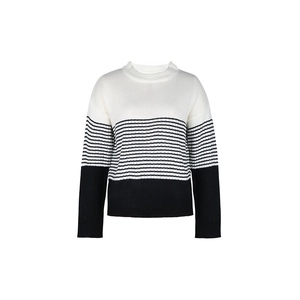 Detail of the high-quality knit texture and striped color-block stitching on this sweater