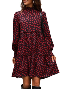 Detail of red floral print dress featuring elastic high neck and tiered ruffle hem