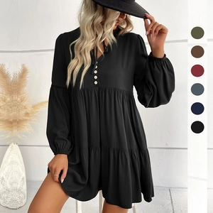Women's long sleeve mini dress with puff sleeves and tiered skirt in six colors