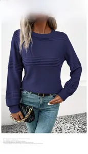 Detailed knit texture and striped pattern of a navy blue crewneck sweater for women