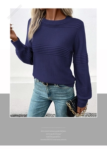Detail of dark blue knit sweater showing horizontal textured patterns and crew neck