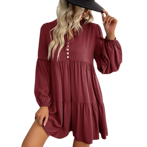 Elegant burgundy V-neck long sleeve tiered mini dress with white buttons and bishop sleeves