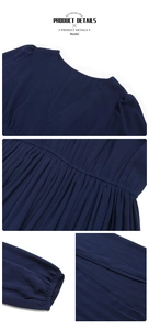 Detail view of navy blue dress showing V-neckline, pleated waist and elastic cuffs