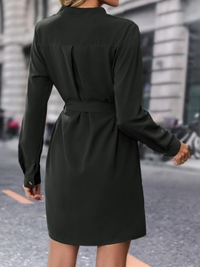 Vue arrière d'une robe chemise vert foncé à manches longues avec ceinture et dos plissé