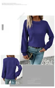 Detailed views of purple knit sweater featuring ribbed texture and casual crew neck