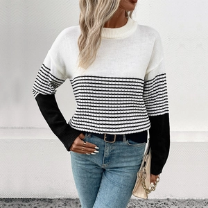 Women Casual Striped Color Block Knit Sweater Round Neck Long Sleeve Acrylic Pullover Fashion Loose Jumper Top