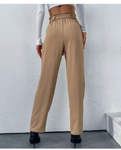 Detailed back view of khaki high-waisted wide-leg trousers with tie-waist belt and elastic frills