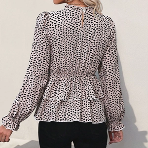 Elegant long sleeve leopard print chiffon blouse with ruffled hem and mock neck detail