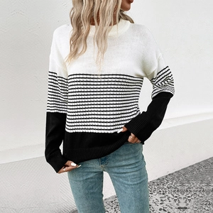 Women's chic black and white striped knit sweater with crew neck and long sleeves
