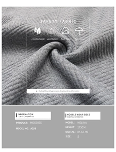 Macro shot of gray textured waffle knit hoodie fabric with detailed model sizing chart