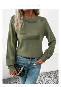 Detail view of olive green knit sweater showing horizontal ribbed texture and round neck design