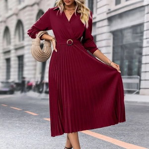 Elegant wine red V-neck pleated midi dress with long sleeves and a matching belt