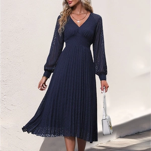 Women Elegant V Neck Long Sleeve Pleated Midi Dress Mesh See Through Sleeve High Waist A Line Commuter Party Dress