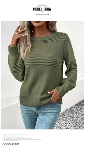 Detail of the crew neck and ribbed cuffs on a dark green knit sweater for women