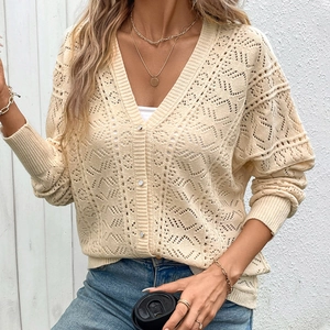 Cardigan in Maglia da Donna con Scollo a V Lavorato all'Uncinetto Manica Lunga Monopetto Beige Maglieria Casual Maglione Sottile
