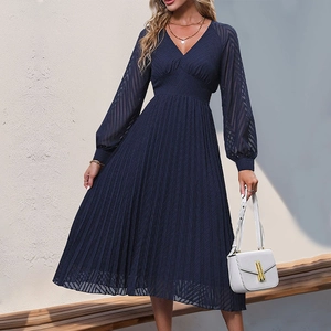 Deep blue V-neck pleated midi dress with sheer long sleeves for an elegant commute
