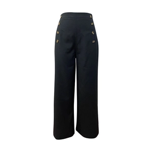 Detailed macro view of high-waist black wide-leg trousers featuring vintage side buttons
