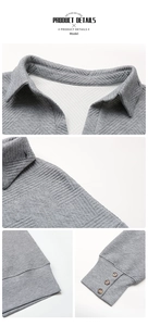 Detail of grey textured long sleeve top featuring button cuffs and jacquard fabric finish