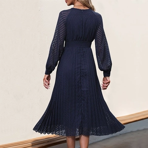 Elegant navy blue pleated midi dress with sheer long sleeves and a V-neckline