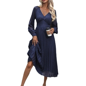 Elegant navy blue V-neck pleated midi dress with long sleeves and high-waisted A-line fit
