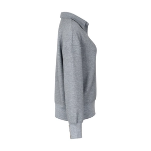 Detail shot of grey textured polo collar sweatshirt with ribbed cuffs and button accents