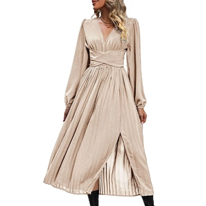 Elegant champagne gold long sleeve pleated dress with V-neck and sexy high side slit