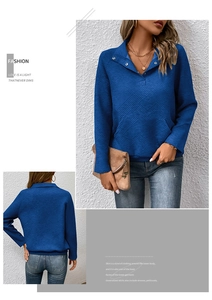 Details des dunkelblauen strukturierten Sweatshirts mit Reverskragen und Metalldruckknöpfen