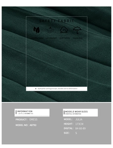 Detail view of dark green pleated fabric and size chart for long sleeve shirt dress