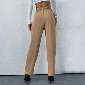 Back view of women's khaki paper-bag waist straight trousers with a matching belt