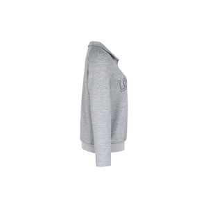 Macro side view of grey textured quilted sweatshirt with letter print and collar detail