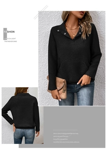 Detail eines schwarzen gesteppten Langarm-Sweatshirts mit Druckknopfkragen und Tasche