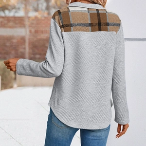 Top a maniche lunghe testurizzato grigio da donna con patchwork a quadri sul retro