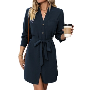 Elegant navy blue long sleeve V-neck shirt dress with waist tie and button front detail