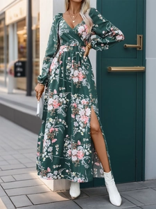 Elegant dark green floral maxi dress with deep V-neck, long sleeves and high side slit