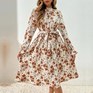Robe Midi Plissée à Imprimé Floral Élégante pour Femme à Col Montant à Volants Manches Longues Taille Nouée en Chiffon