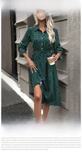 Detailed view of dark green leopard print shirt dress with button-up front and matching belt