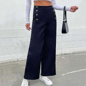 Women's high waist black wide leg trousers with vintage gold buttons in navy style