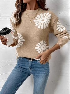 Women casual long sleeve knit sweater in camel brown featuring large white daisy pattern