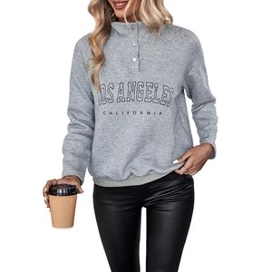 Light gray quilted sweatshirt with Los Angeles print and buttoned stand collar for women