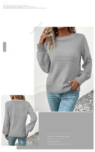 Detail of grey knitted sweater showing horizontal ribbing and cozy crewneck texture