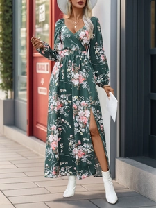 Detail of dark green floral V-neck dress featuring high side slit and long sleeves
